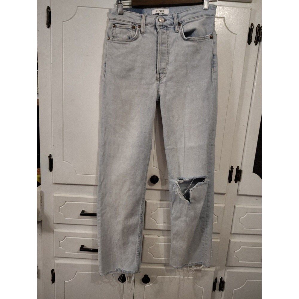 Redone Comfy Sunfaded Destroyed Icy Blue Size 28 Crop Raw Hem Flaw